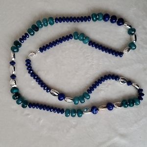 21" drop, fascinating Navy and Jade color beaded Necklace, trendy, rounded beads